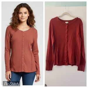 Sundance 100% Cotton Burnt Orange Intricate Knit Henley Jersey Long Sleeves